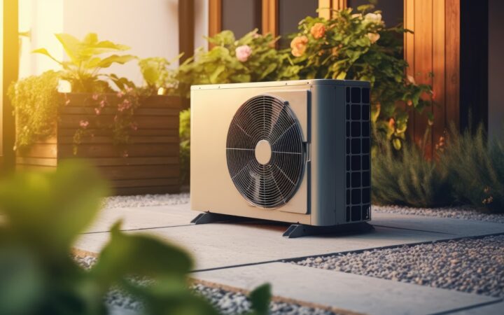 Photograph of an exterior air conditioning unit that is neatly installed.